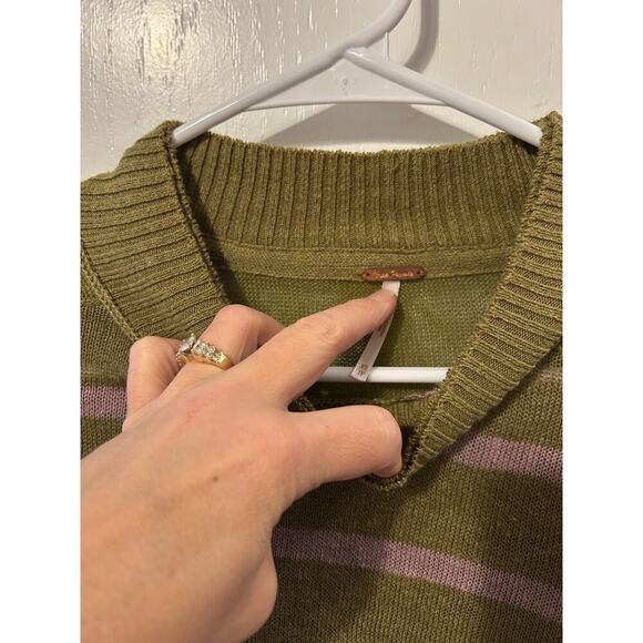 Free People Olive and Pink Striped Long Sleeve Pullover Stretchy Soft Boho - Picture 3 of 8